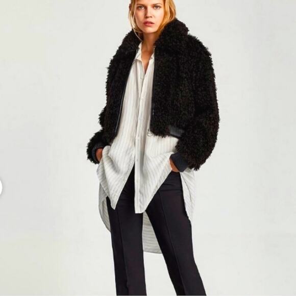 ZARA WOMAN Faux Fur Teddy Bomber Jacket Black Crop Coat Fall Winter Layering S - Picture 15 of 16